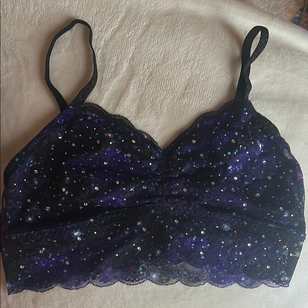 PINK Elegant Black and Purple Lace Bralette adorned with Gemstones